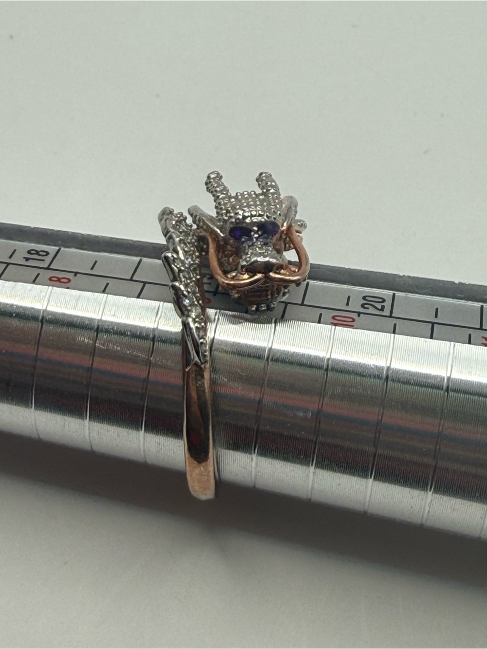 S925 Sterling Silver Dragon Ring Purple Enamel Rose Gold Size 9